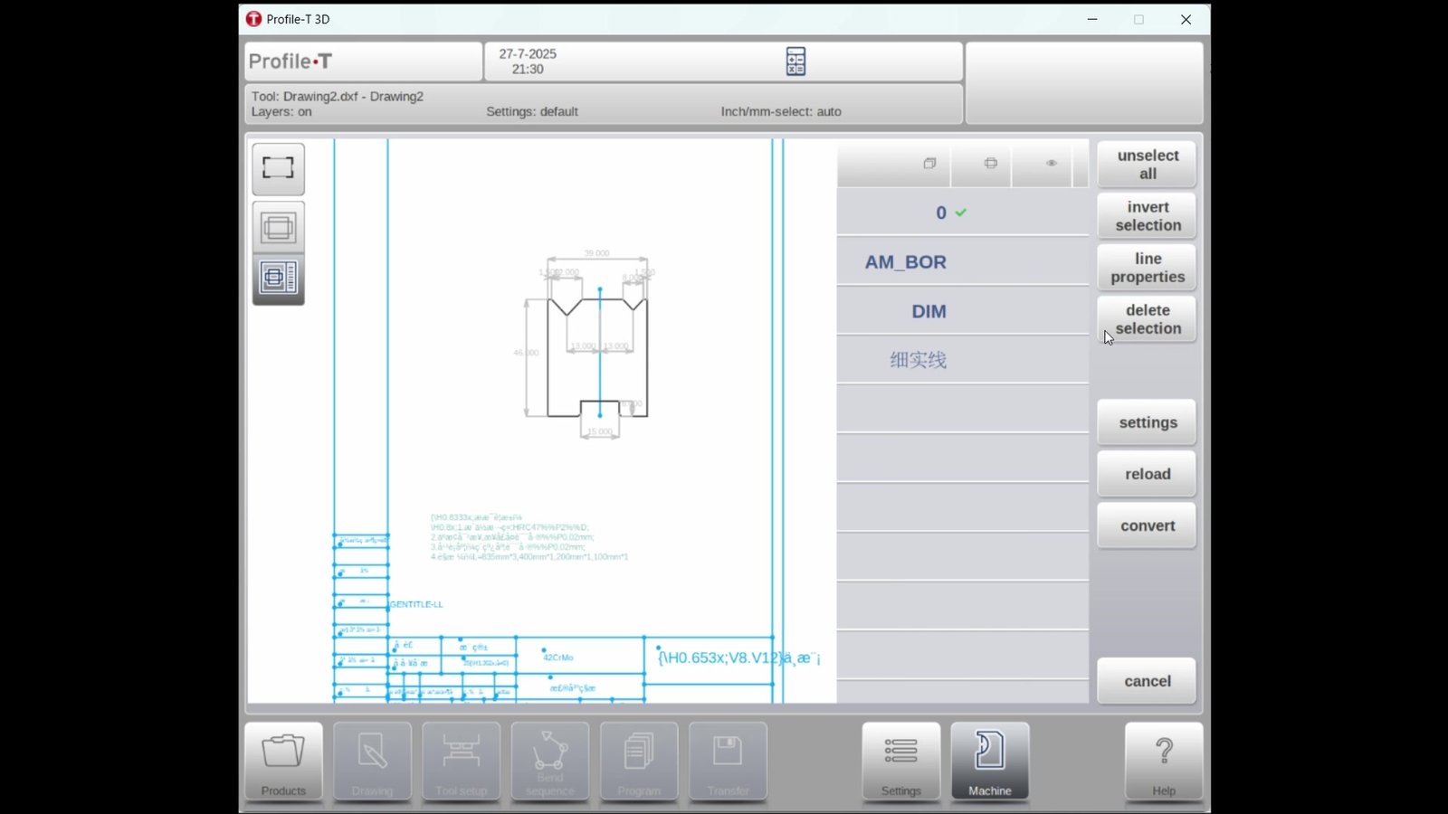 Alta de ferramenta inferior (matriz) por DXF no DELEM Profile-T