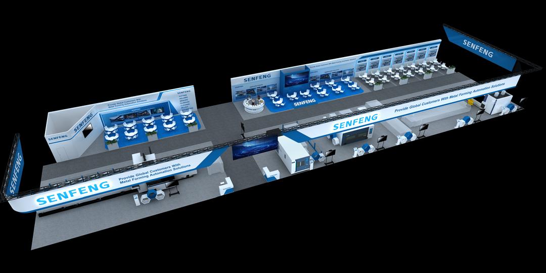 Render 3D del stand SENFENG en EuroBLECH 2026 confirmado con maquinas