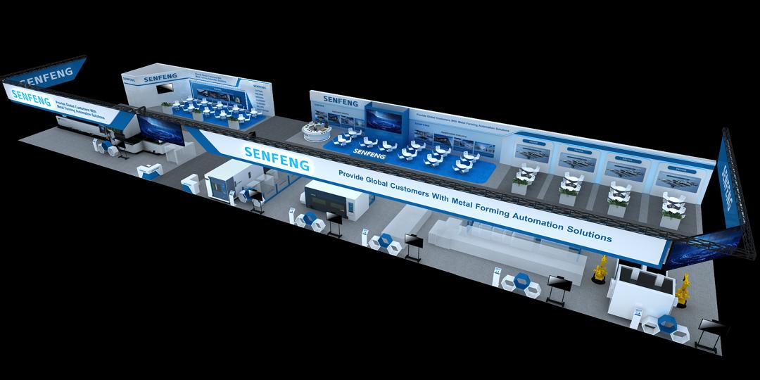 Vista aerea del stand SENFENG EuroBLECH 2026 con lineas de produccion